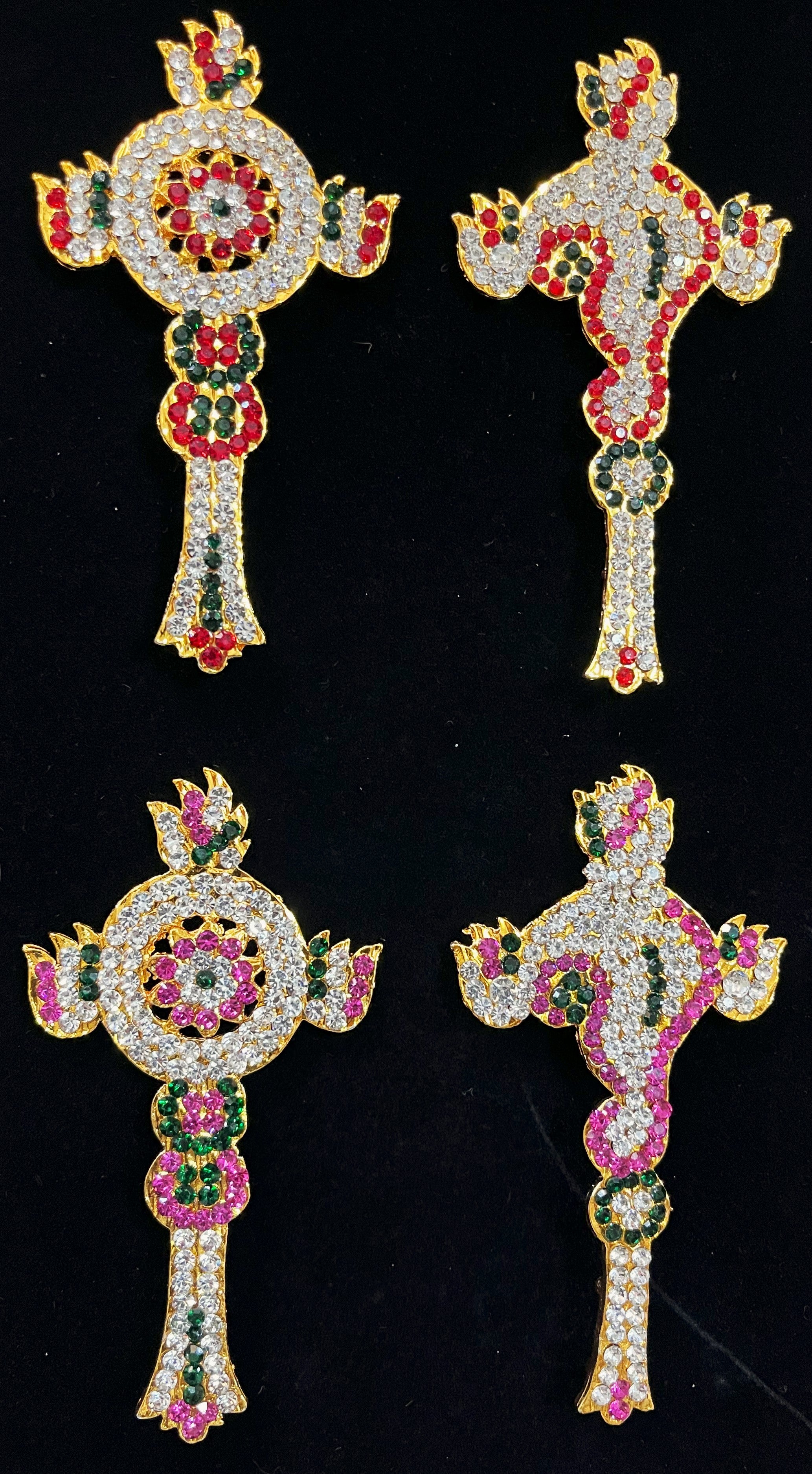 Shanku Chakra Ayudha Set – Lord Vishnu / Balaji Symbols - Pink, green and white / Red, white & green stones on South Indian Stones metal alloy - Length: 3.5 inches 1