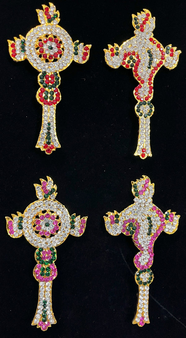 Shanku Chakra Ayudha Set – Lord Vishnu / Balaji Symbols - Pink, green and white / Red, white & green stones on South Indian Stones metal alloy - Length: 3.5 inches