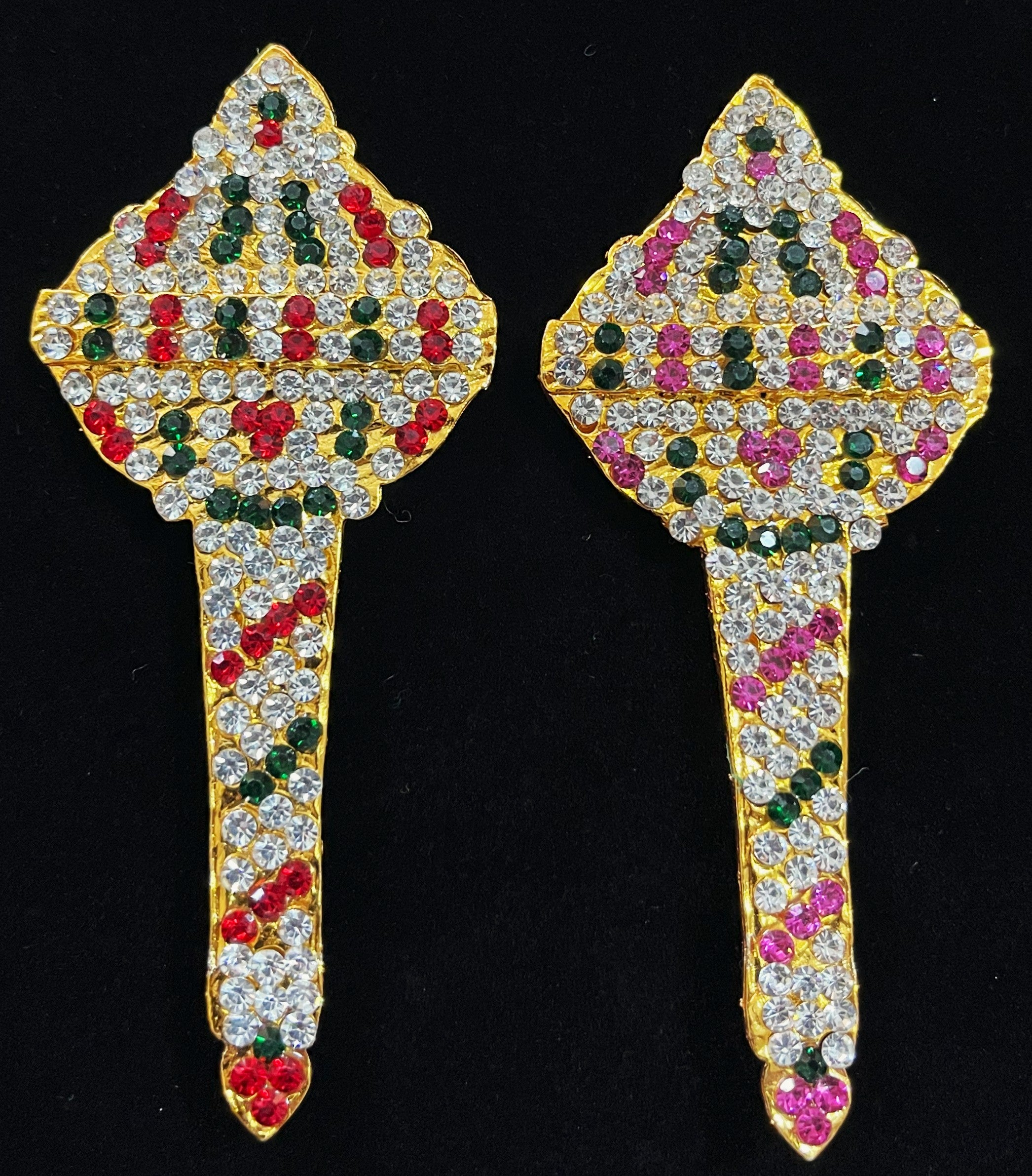 Gada / Mace - Vishnu, hanuman, Lakshmi, Durga Ayudha - Pink, green and white / Red, white & green stones on South Indian Stones metal alloy - Length: 3.5 inches