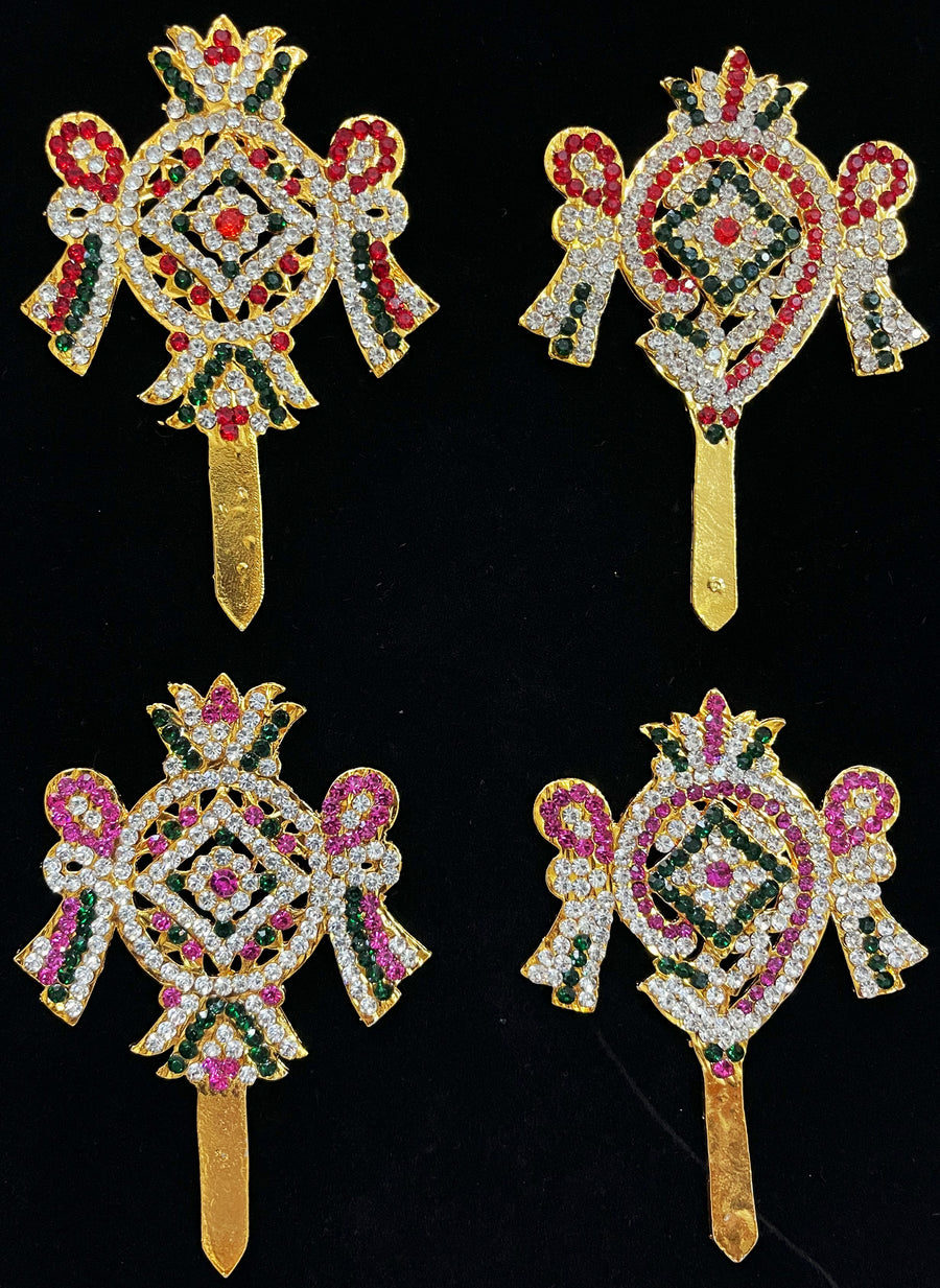 Shanku Chakra Ayudha Set – Lord Vishnu / Balaji Symbols - Pink, green and white / Red, white & green stones on South Indian Stones metal alloy - Length: 3.5 inches