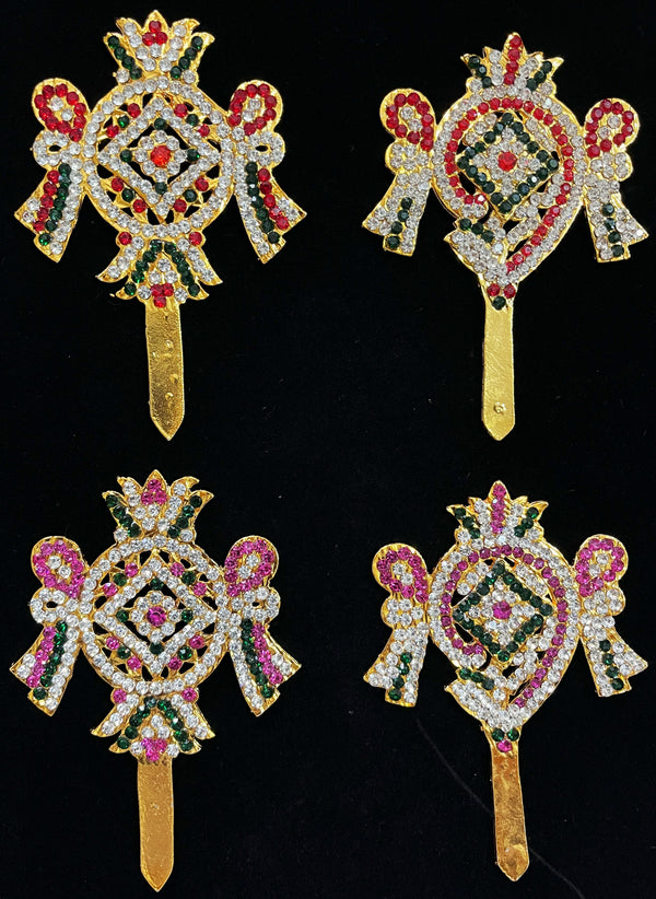 Shanku Chakra Ayudha Set – Lord Vishnu / Balaji Symbols - Pink, green and white / Red, white & green stones on South Indian Stones metal alloy - Length: 3.5 inches