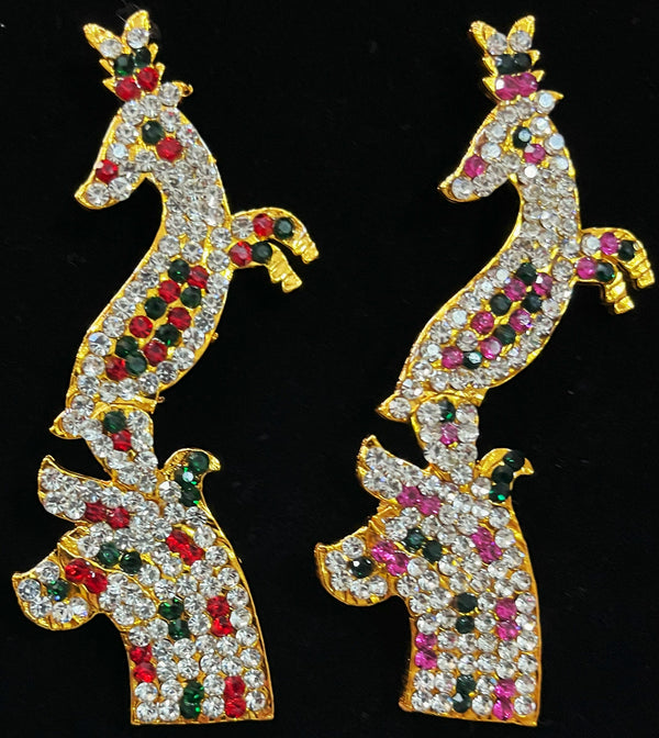 Deer - Sundareswarar Ayudha - Pink, green and white / Red, white & green stones on South Indian Stones metal alloy - Length: 3.5 inches
