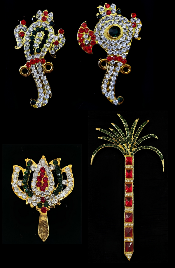 Shri Chakra Ayudha Set – Lalitha Tripura Sundari Divine Weapons - Red, white & green stones on South Indian Stones metal alloy - Suitable for idol size of 8 inches idol
