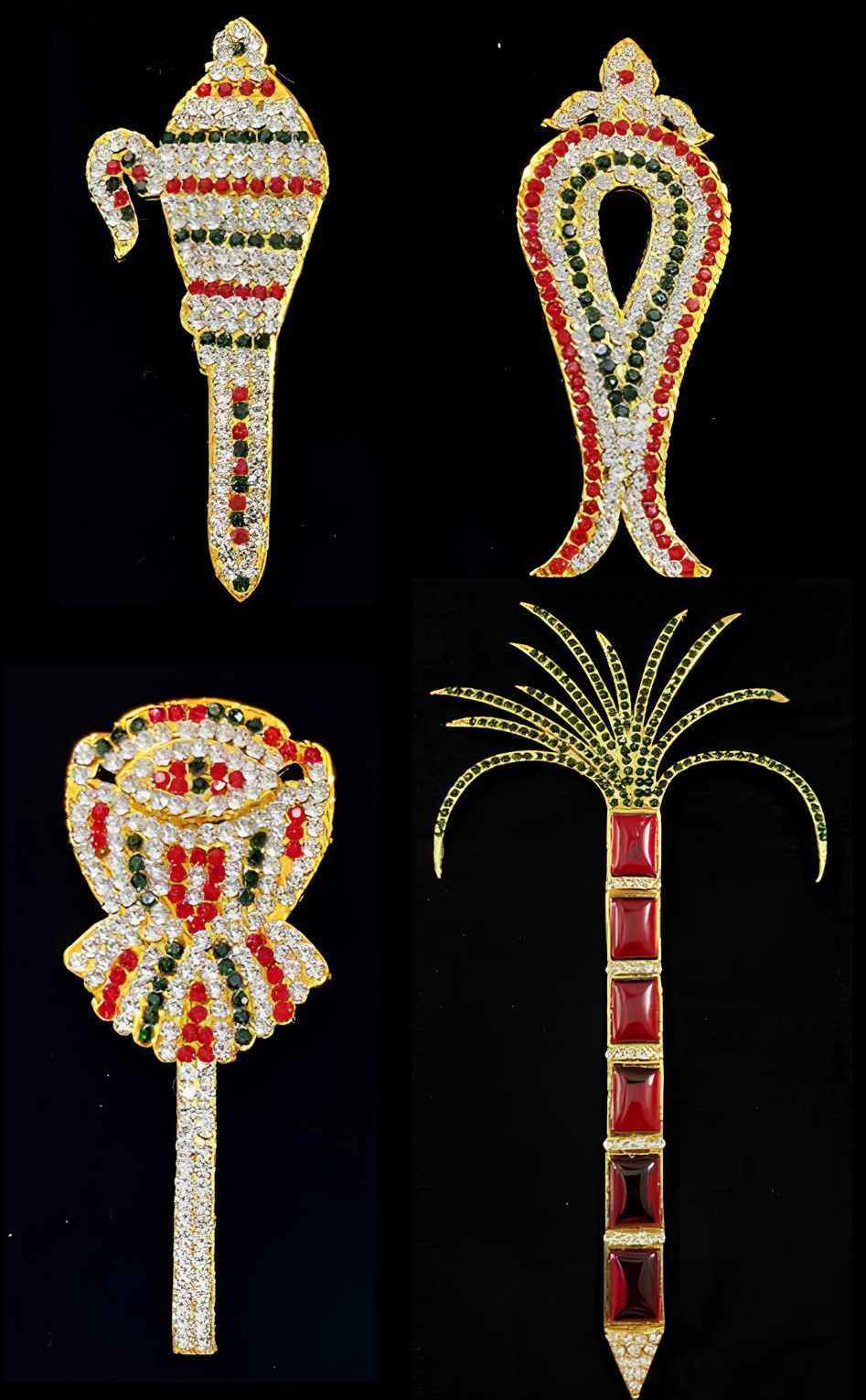 Shri Chakra Ayudha Set – Lalitha Tripura Sundari Divine Weapons - Pink, green and white / Red, white & green stones on South Indian Stones metal alloy - Suitable for idol size of 12 to 15 inches idol 1