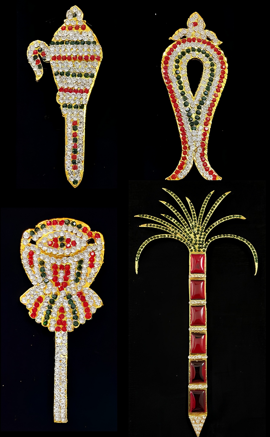 Shri Chakra Ayudha Set – Lalitha Tripura Sundari Divine Weapons - Pink, green and white / Red, white & green stones on South Indian Stones metal alloy - Suitable for idol size of 12 to 15 inches idol