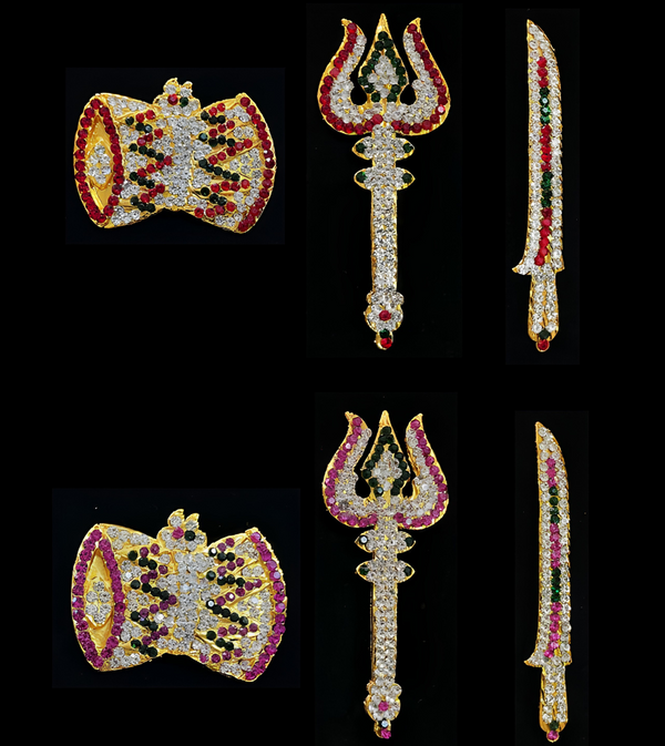 Mariamman Ayudha Set - Pink, green and white / Red, white & green stones on South Indian Stones metal alloy - Suitable for idol size of 12 to 15  inches idol