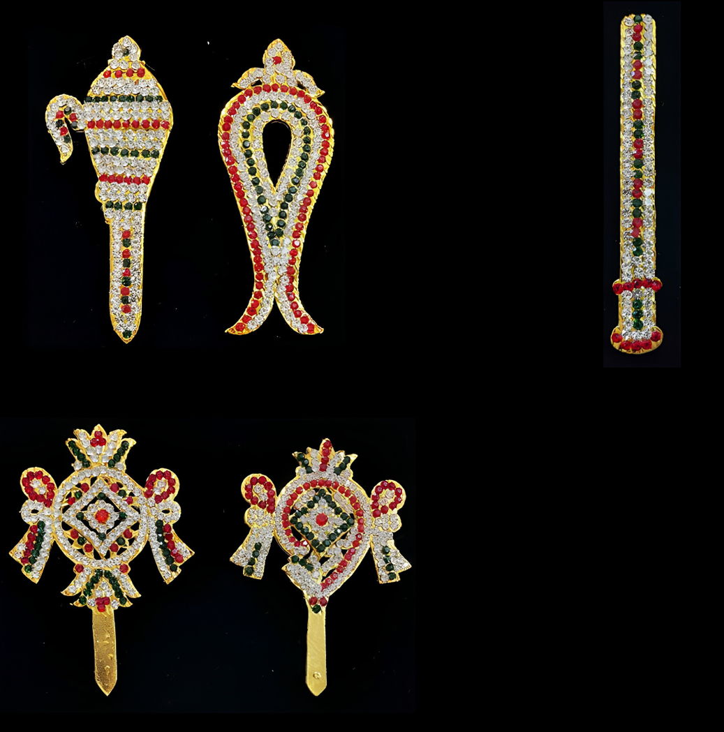 Varahi Devi Ayudha Set – Divine Warrior Form - Red, white & green stones on South Indian Stones metal alloy - Suitable for idol size of 12 to 15  inches idol 1