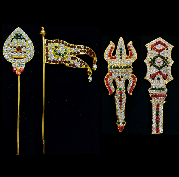 Vel Ayudha Set – Lord Murugan Divine Spear Collection - Red, white & green stones on South Indian Stones metal alloy - Suitable for idol size of 12 to 15  inches idol