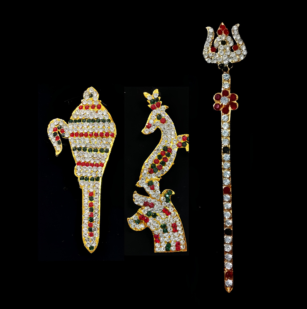 Sundareshwarar Divine Weapon Set – Royal Shiva Form - Red, white & green stones on South Indian Stones metal alloy - Suitable for idol size of 12 to 18  inches idol 1
