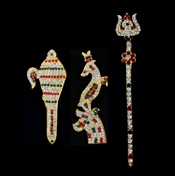 Sundareshwarar Divine Weapon Set – Royal Shiva Form - Red, white & green stones on South Indian Stones metal alloy - Suitable for idol size of 12 to 18  inches idol