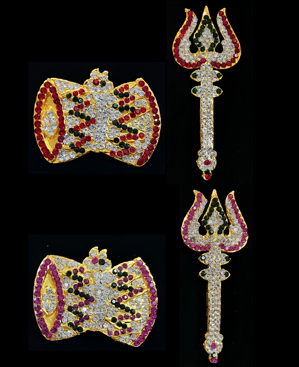 Mahadev Ayudha Set – Trishul, Damaru & Divine Symbols - Red, white & green stones on South Indian Stones metal alloy - Suitable for idol size of 12 to 15  inches idol 1