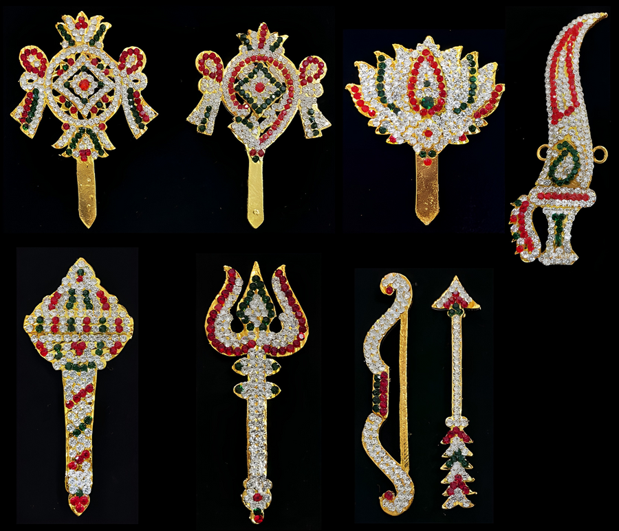 Mahishasura Mardini Weapon Set – Durga Devi Ayudhas - Red, white & green stones on South Indian Stones metal alloy - Suitable for idol size of 12 to 18 inches