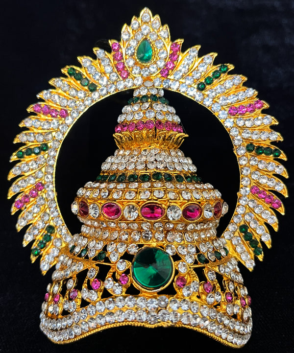 Royal Crown with Prabhavali – Divine Arch Design - Pink, white & green stones on South Indian Stones metal alloy / Red, white & green stones on South Indian Stones metal alloy - Length with chakra: 3.75 inches, Length without chakra: 3 inches, Width: 4 inches