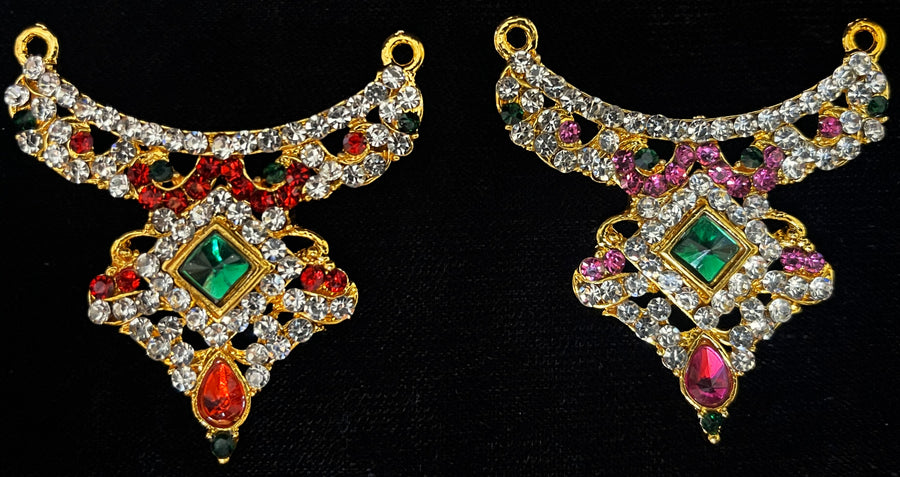 Short Necklace (Addigai) - Pink, white & green stones / Red, white & green stones on South Indian Stones metal alloy - Length: 2 inches, Width: 1.5 inches