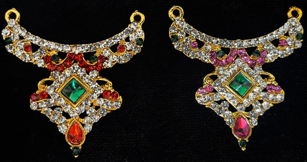 Short Necklace (Addigai) - Pink, white & green stones / Red, white & green stones on South Indian Stones metal alloy - Length: 2 inches, Width: 1.5 inches