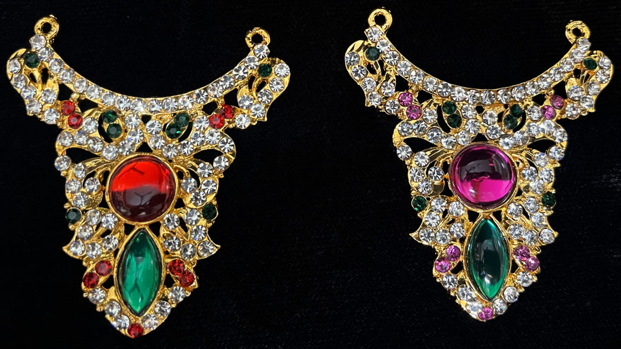 Short Necklace (Addigai) - Pink, white & green stones / Red, white & green stones on South Indian Stones metal alloy - Length: 2.5 inches, Width: 1.5 inches