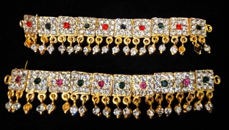Temple Waist Belt (Oddiyanam) with Stone Work - Pink, white & green stones / Red, white & green stones on South Indian Stones metal alloy - Length: 4 inches
