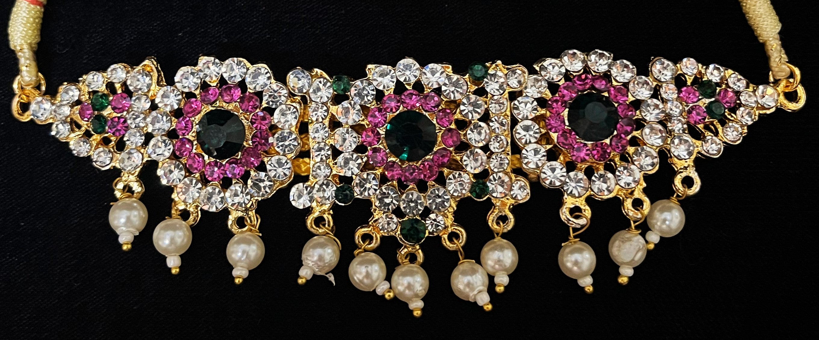 Temple Waist Belt (Oddiyanam) with Stone Work - Pink, white & green stones / Red, white & green stones on South Indian Stones metal alloy - Length: 5 inches 2