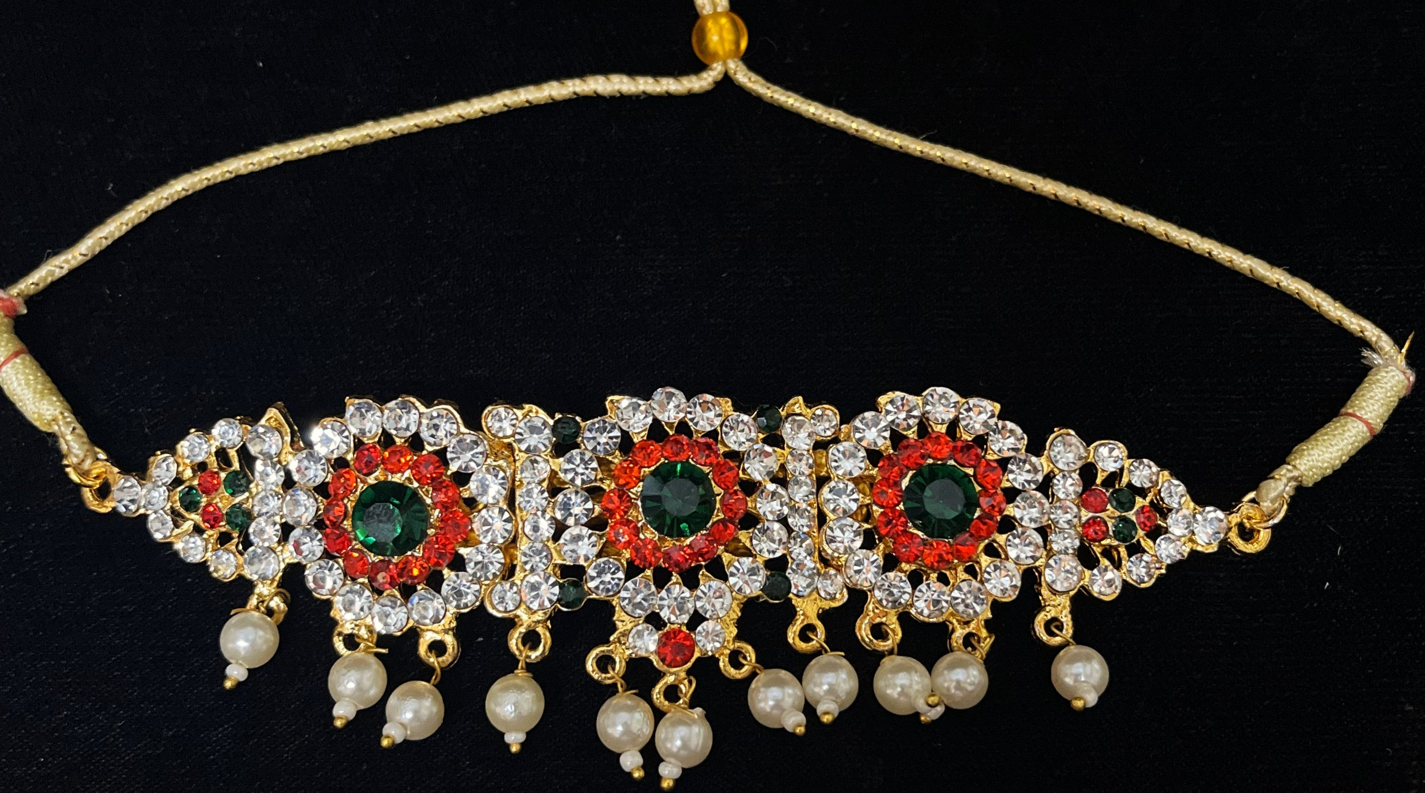 Temple Waist Belt (Oddiyanam) with Stone Work - Pink, white & green stones / Red, white & green stones on South Indian Stones metal alloy - Length: 5 inches 1