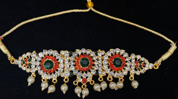 Temple Waist Belt (Oddiyanam) with Stone Work - Pink, white & green stones / Red, white & green stones on South Indian Stones metal alloy - Length: 5 inches