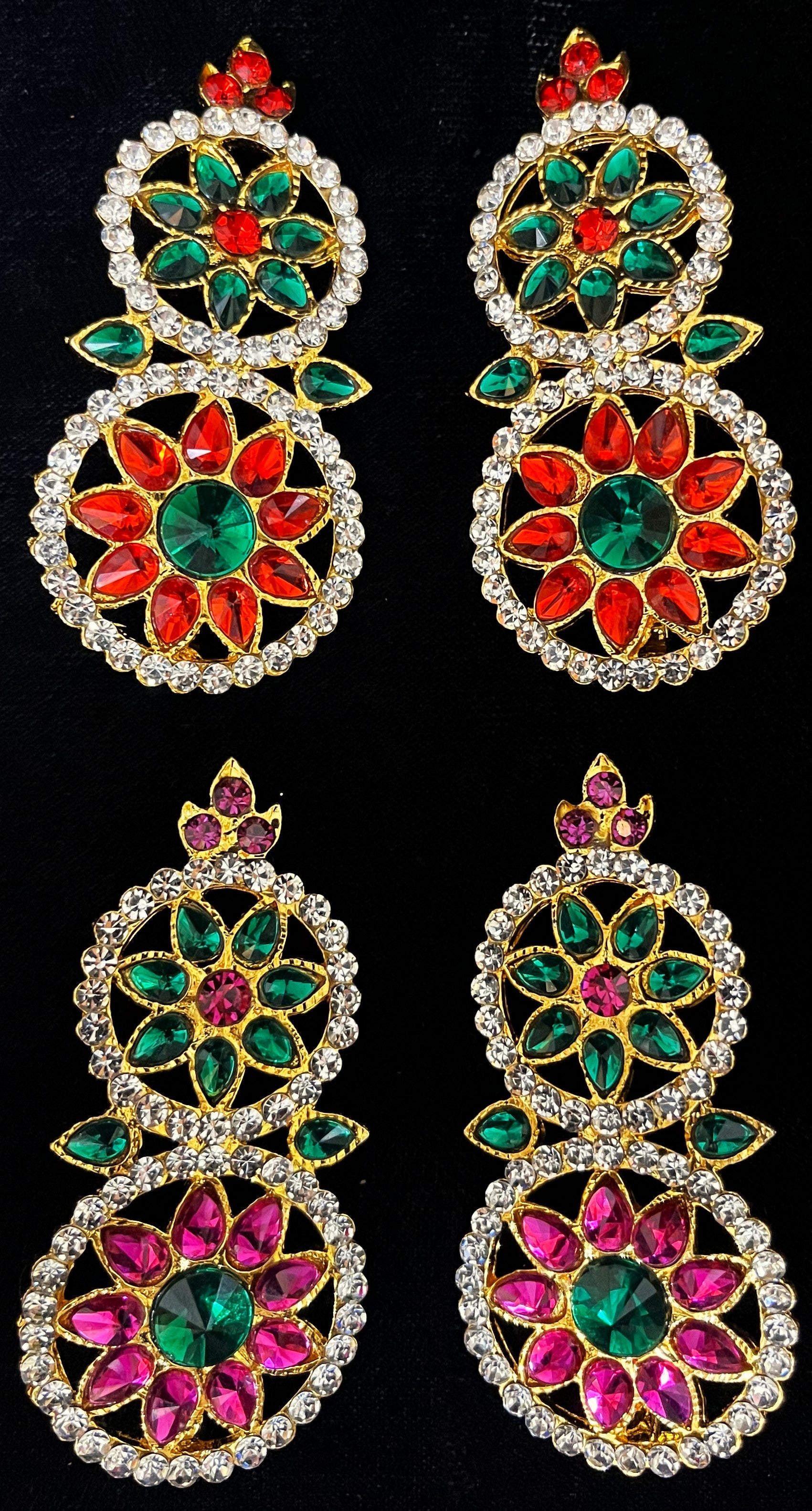 Temple Earrings – Traditional Balaji Design - Pink, white & green stones / Red, white & green stones on South Indian Stones metal alloy - Length: 3 inches 1