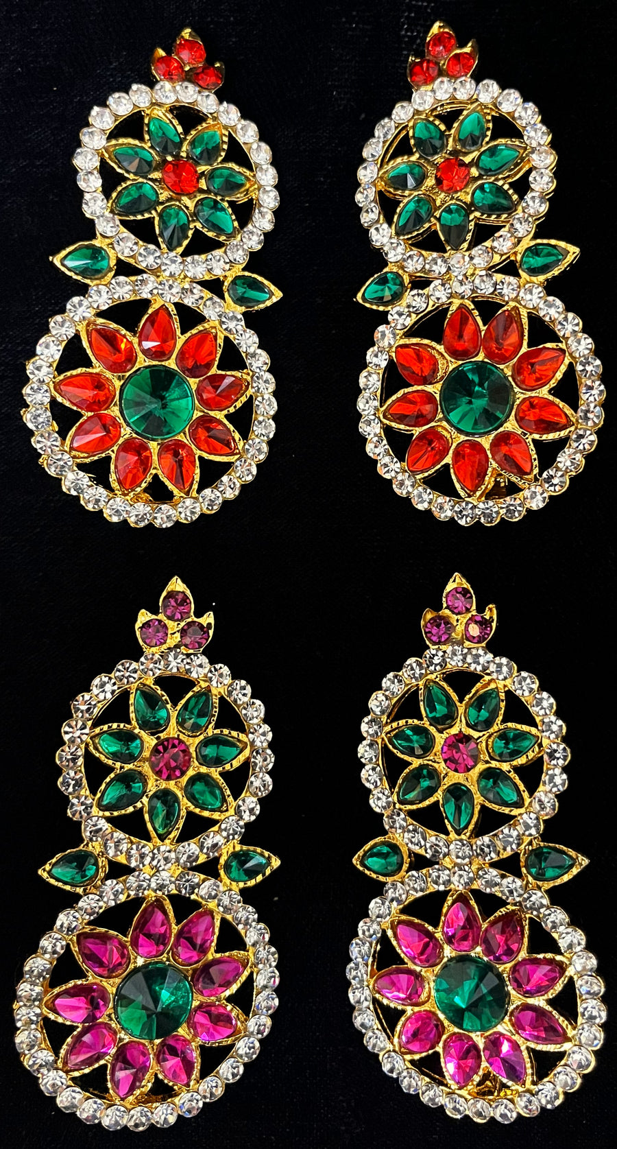 Temple Earrings – Traditional Balaji Design - Pink, white & green stones / Red, white & green stones on South Indian Stones metal alloy - Length: 3 inches