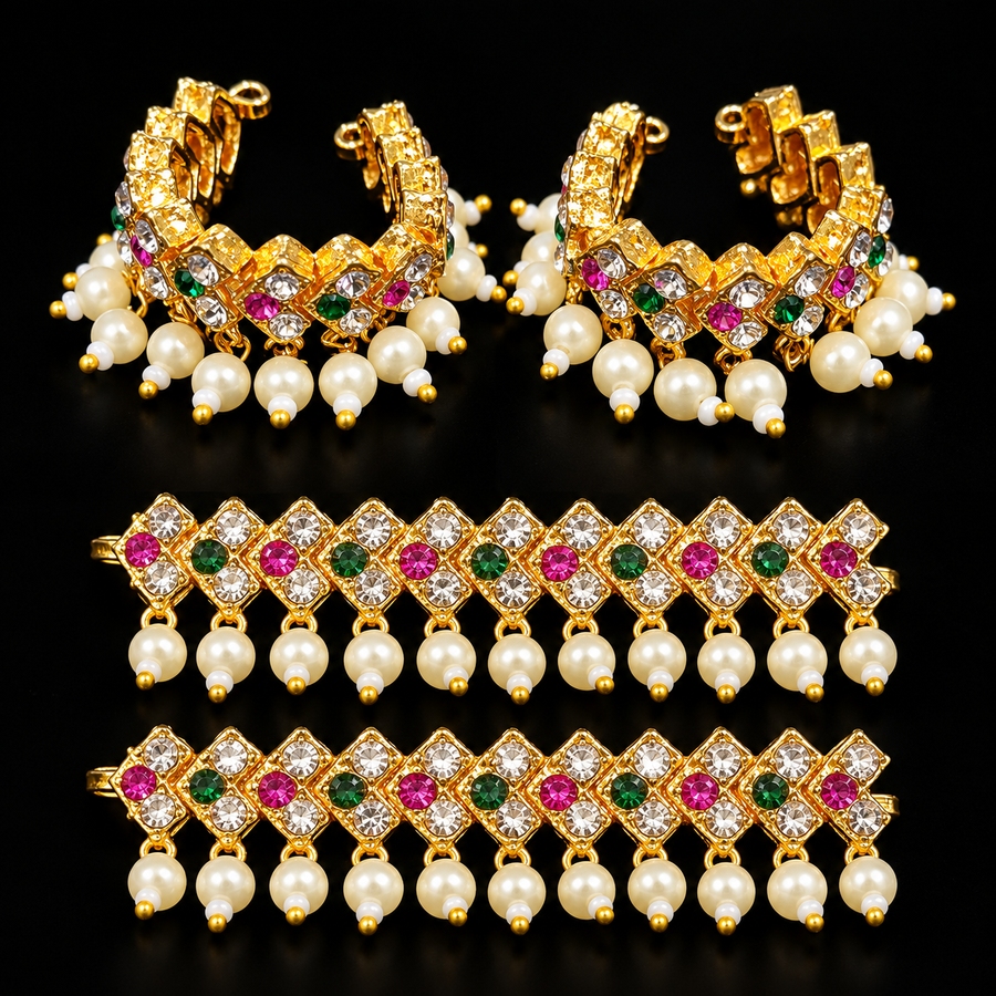 Multipurpose Stone & Pearl Bangles / Anklets - Pink, White and Green - 2 inches