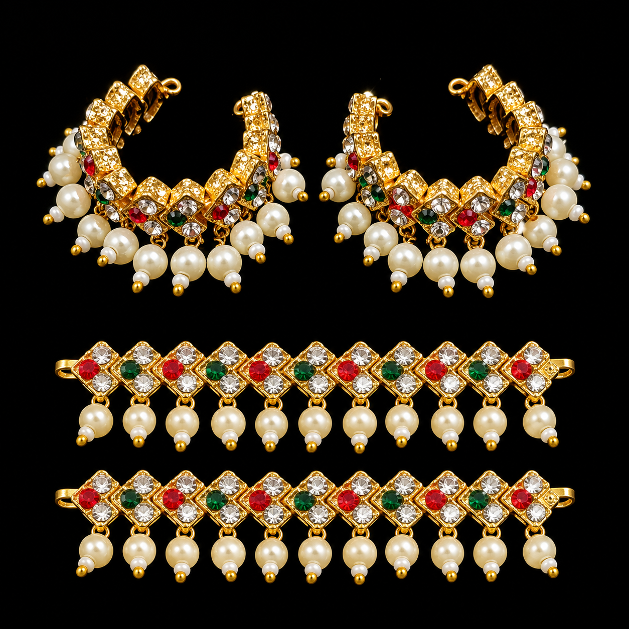 Multipurpose Stone & Pearl Bangles / Anklets - Red, White and Green - 2 inches 1
