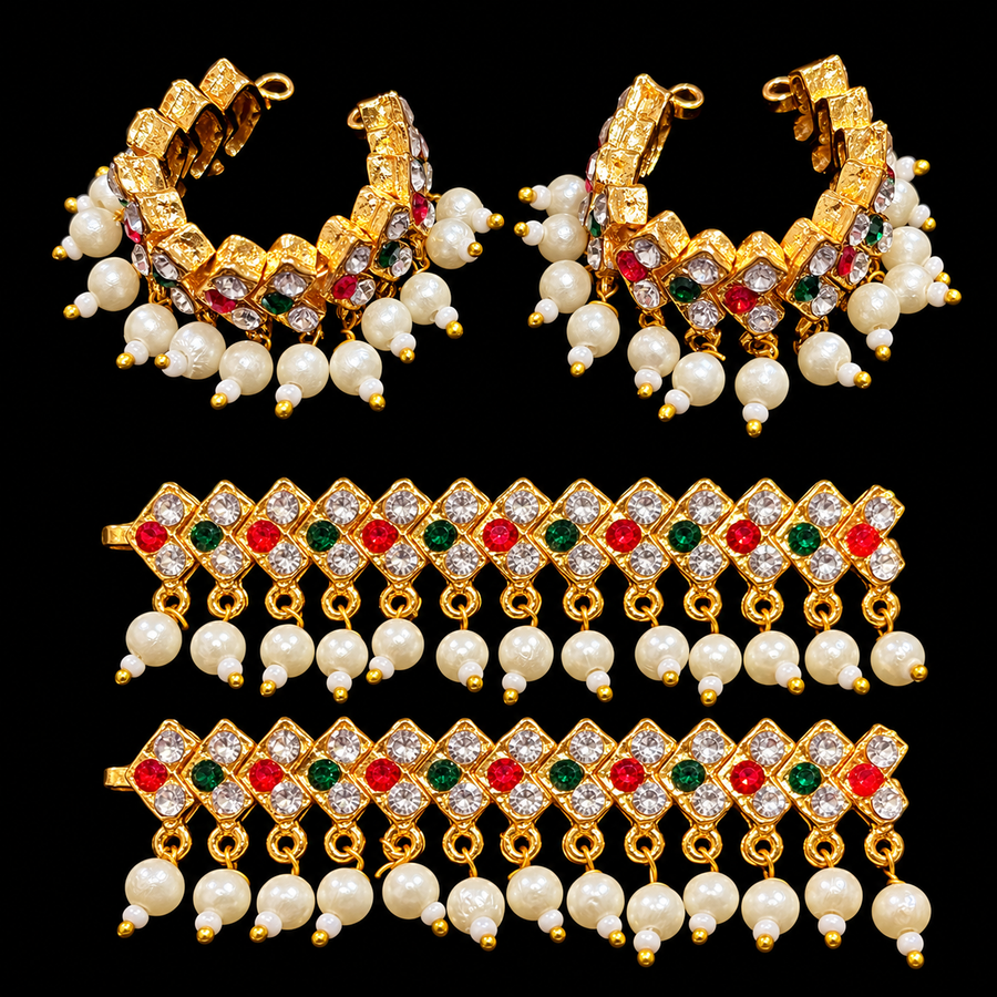 Multipurpose Stone & Pearl Bangles / Anklets - Red, White and Green - 2.5 inches