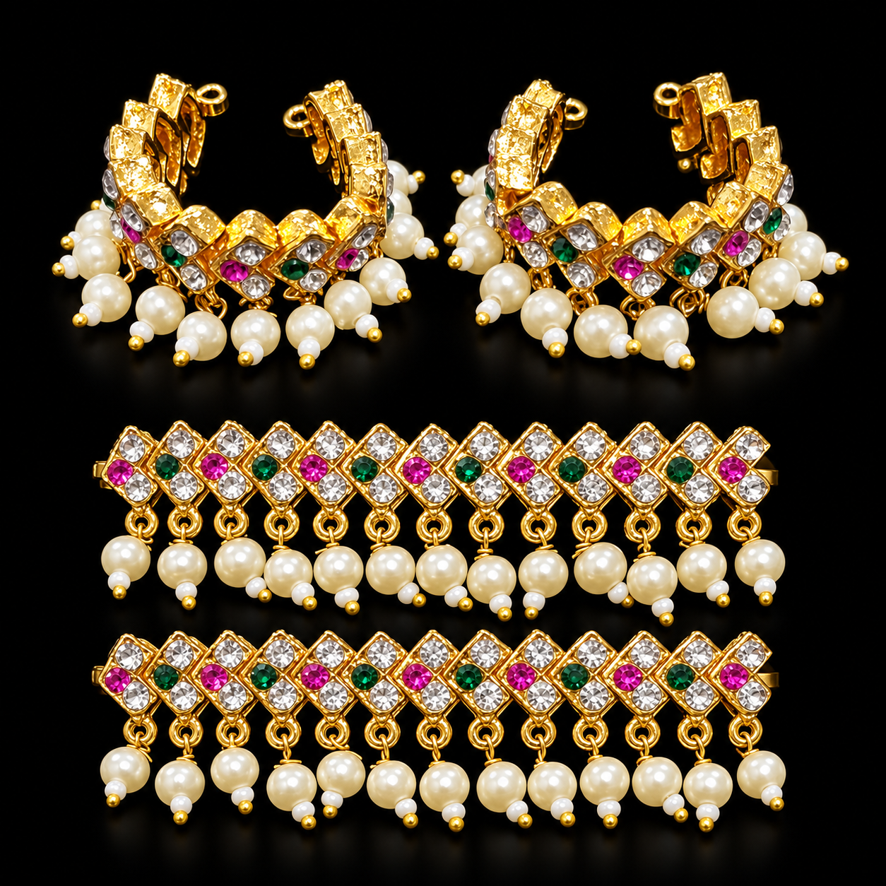 Multipurpose Stone & Pearl Bangles / Anklets - Pink, White and Green - 2.5 inches 1
