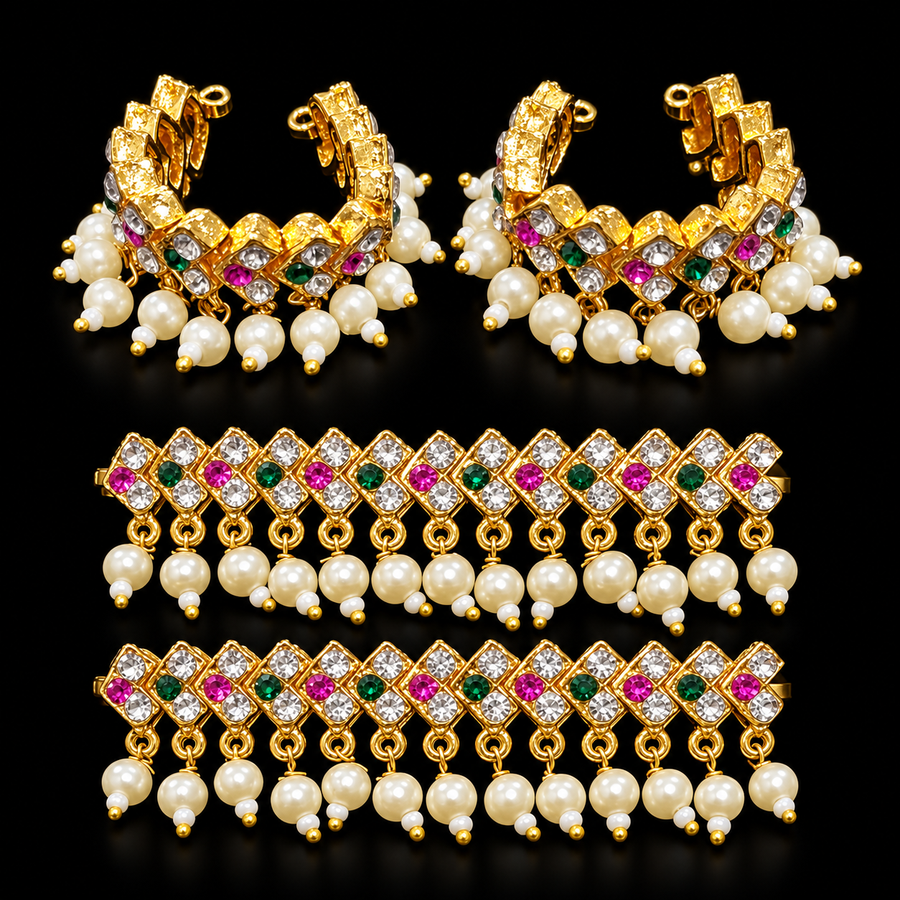 Multipurpose Stone & Pearl Bangles / Anklets - Pink, White and Green - 2.5 inches