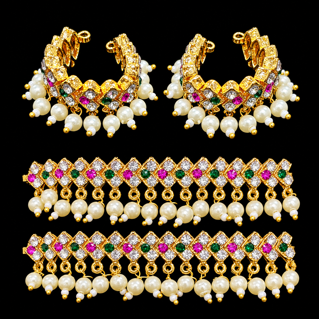 Multipurpose Stone & Pearl Bangles / Anklets - Pink, White and Green - 3 inches 1