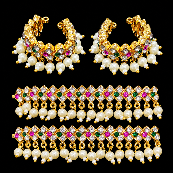 Multipurpose Stone & Pearl Bangles / Anklets - Pink, White and Green - 3 inches