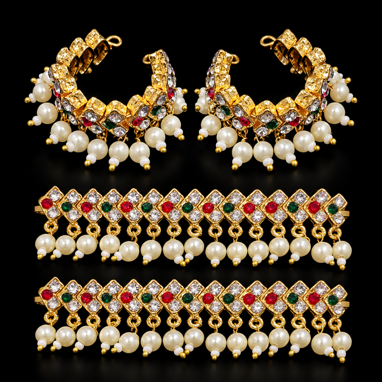 Multipurpose Stone & Pearl Bangles / Anklets - Red, White and Green - 3 inches 1