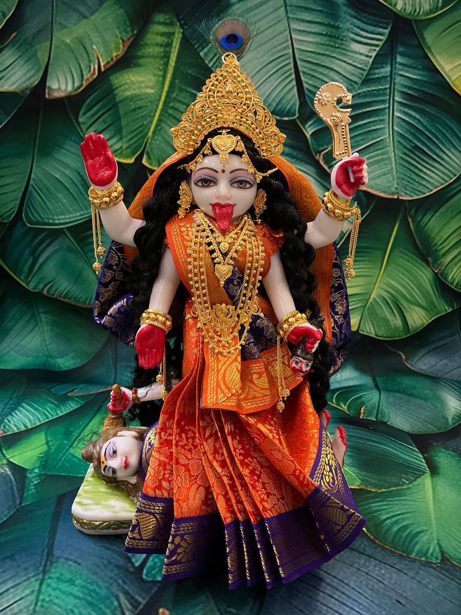 12 Inch Maa Kali Marble Dust Idol with Brocade pre-pleated saree and Gold plated jewellery (Complete set)