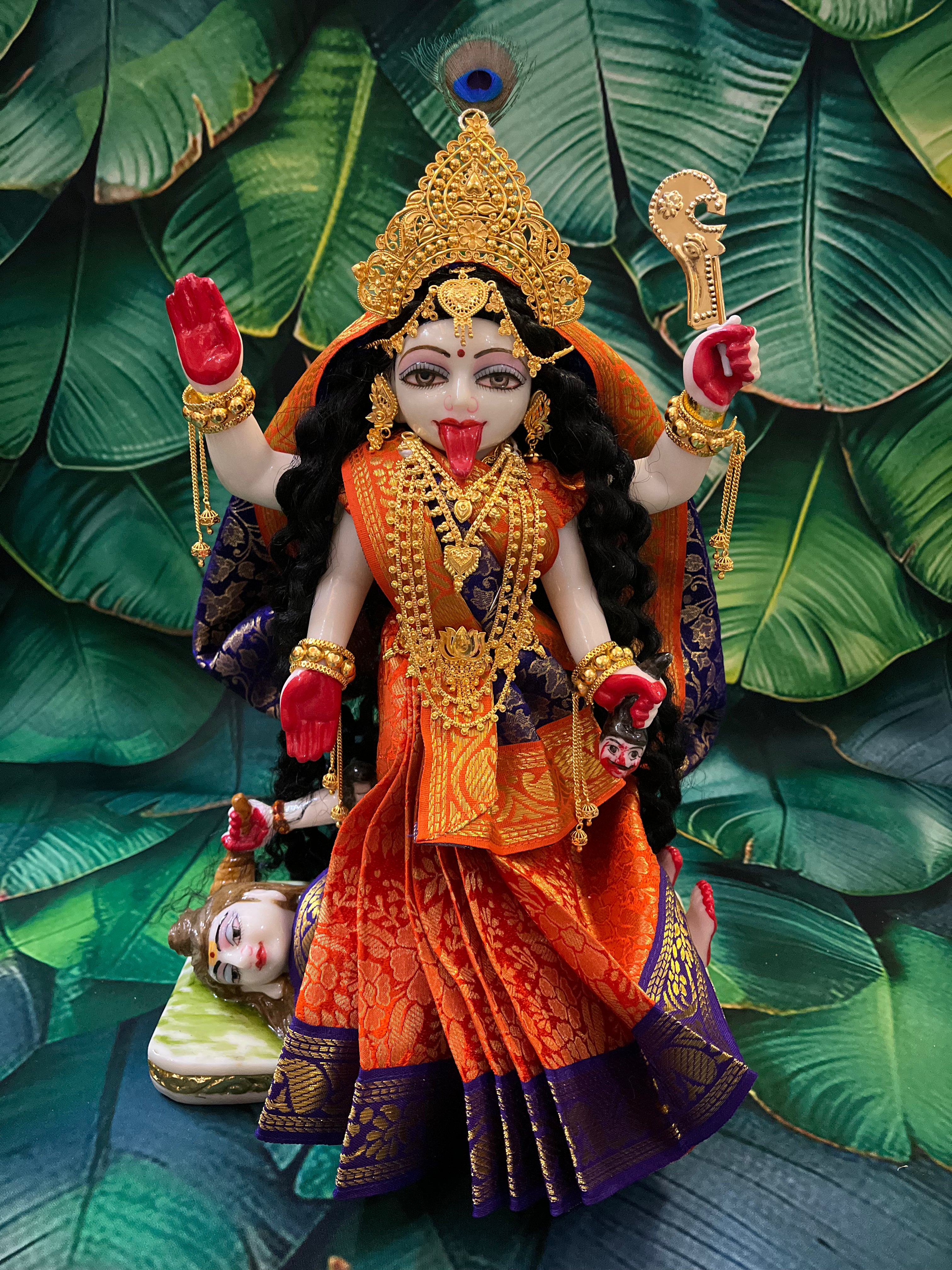 12 Inch Maa Kali Marble Dust Idol with Brocade pre-pleated saree and Gold plated jewellery (Complete set)