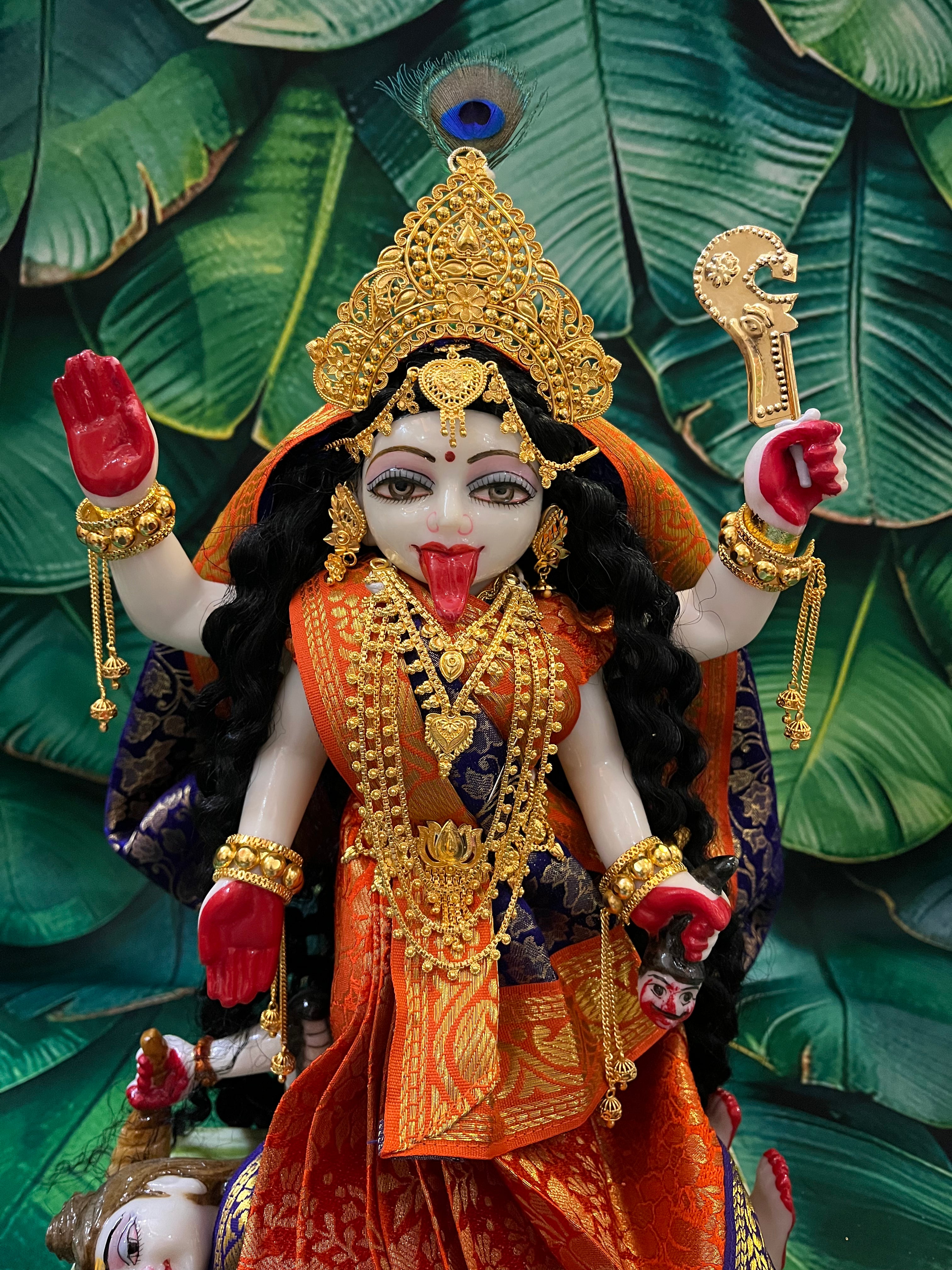 12 Inch Maa Kali Marble Dust Idol with Brocade pre-pleated saree and Gold plated jewellery (Complete set) 2