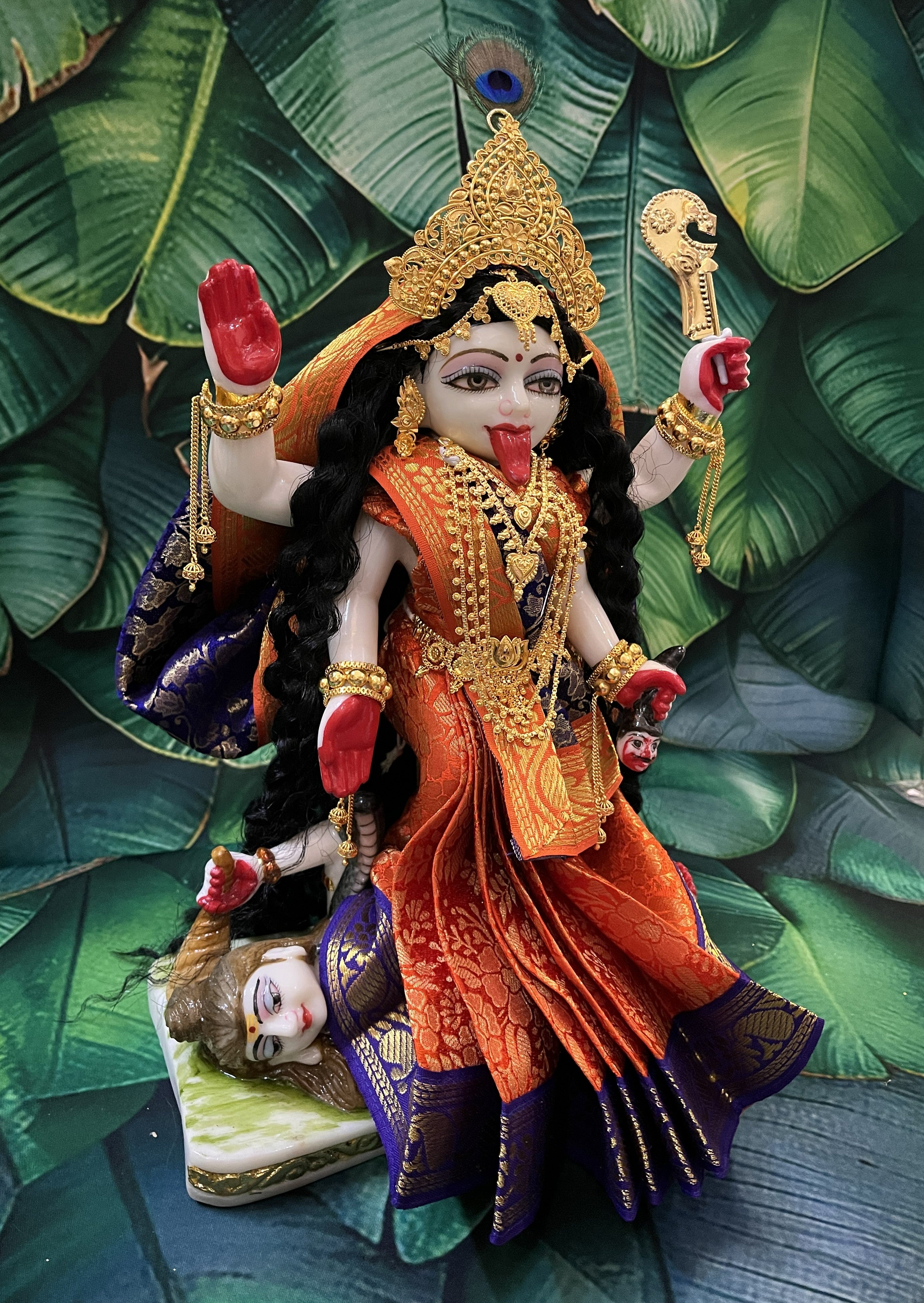 12 Inch Maa Kali Marble Dust Idol with Brocade pre-pleated saree and Gold plated jewellery (Complete set) 3