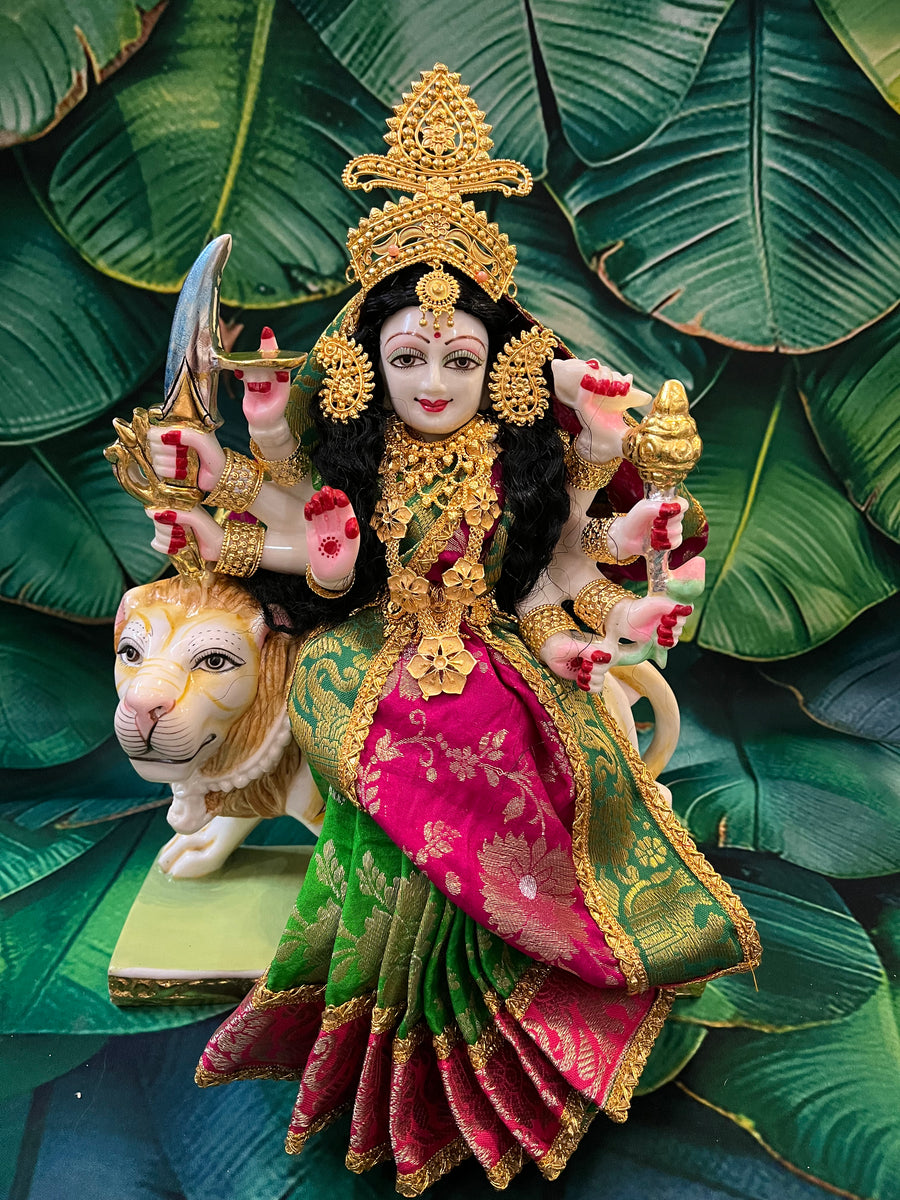 12 Inch Maa Durga Marble Dust Idol with Chanderi Zari Silk dress (Parrot green and Pink) and Gold plated Jewellery