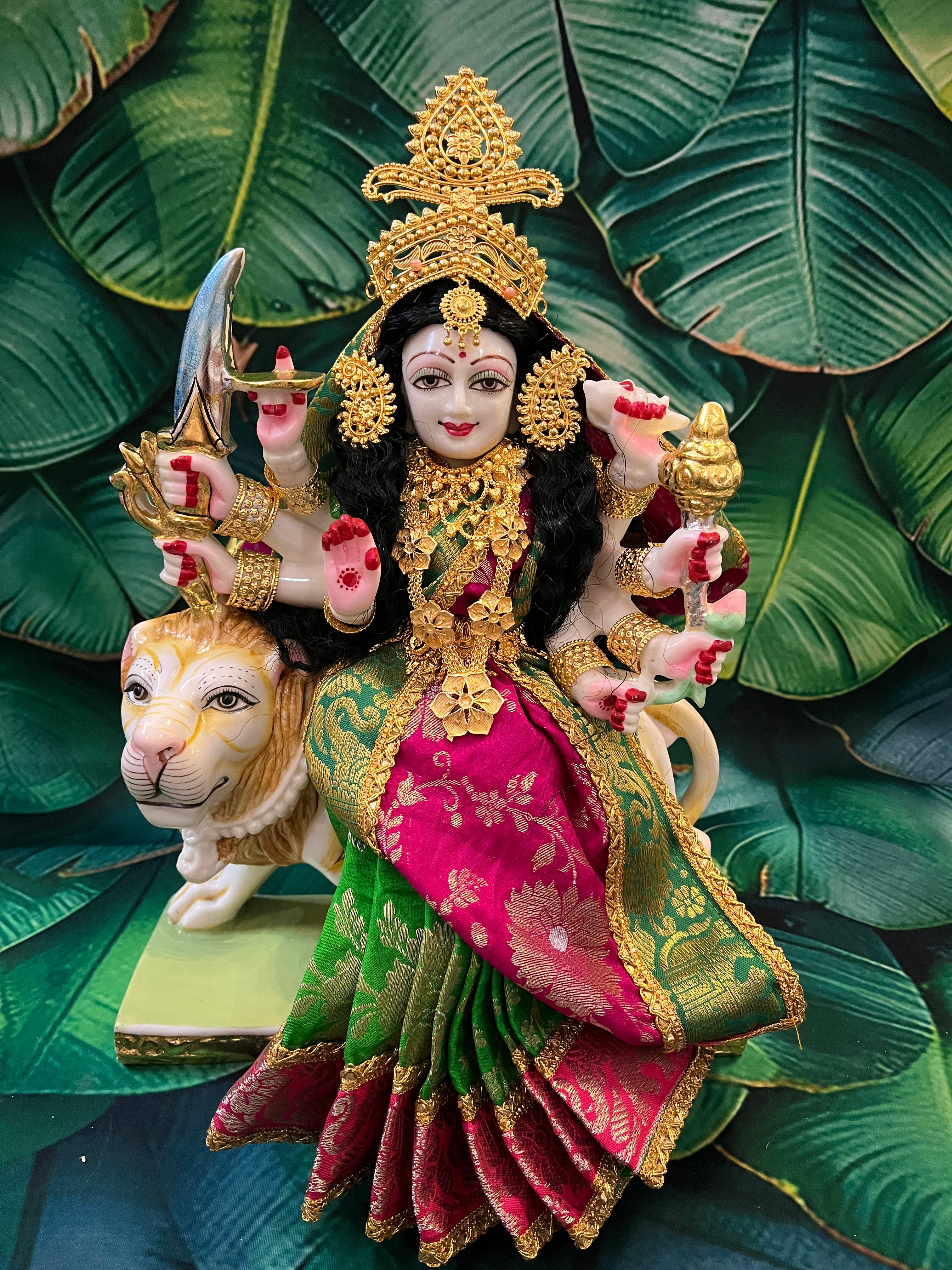 12 Inch Maa Durga Marble Dust Idol with Chanderi Zari Silk dress (Parrot green and Pink) and Gold plated Jewellery