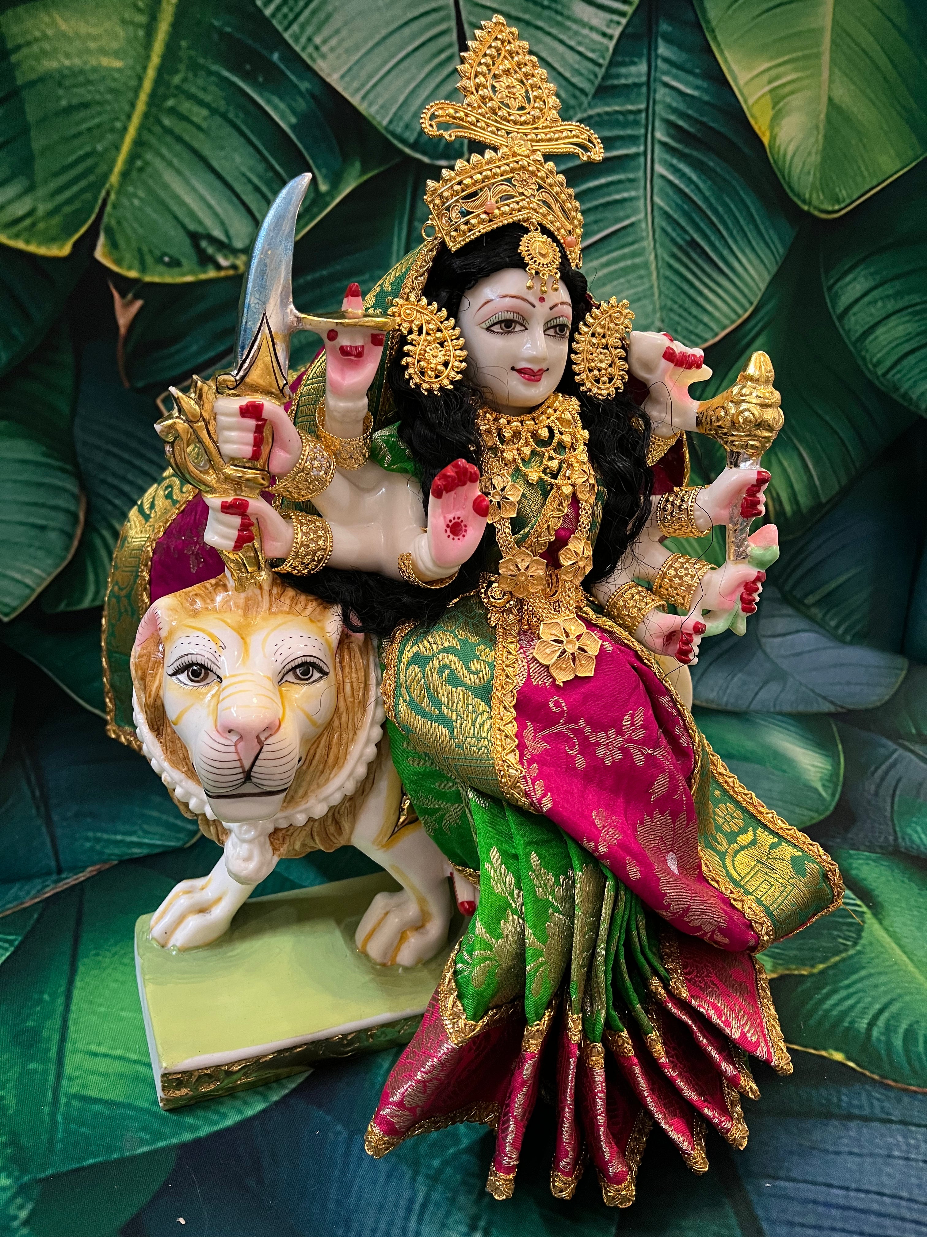 12 Inch Maa Durga Marble Dust Idol with Chanderi Zari Silk dress (Parrot green and Pink) and Gold plated Jewellery 3