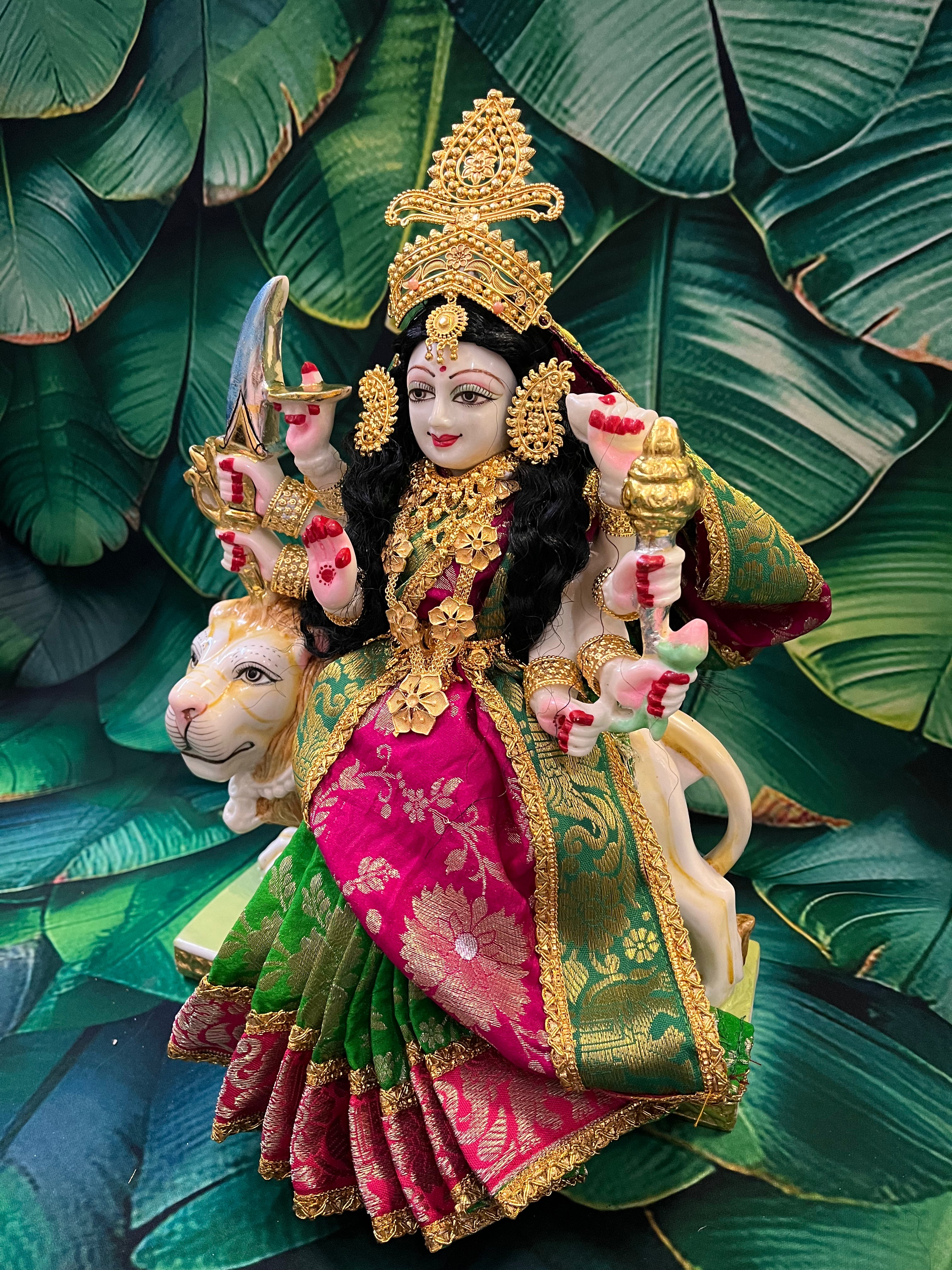 12 Inch Maa Durga Marble Dust Idol with Chanderi Zari Silk dress (Parrot green and Pink) and Gold plated Jewellery 5