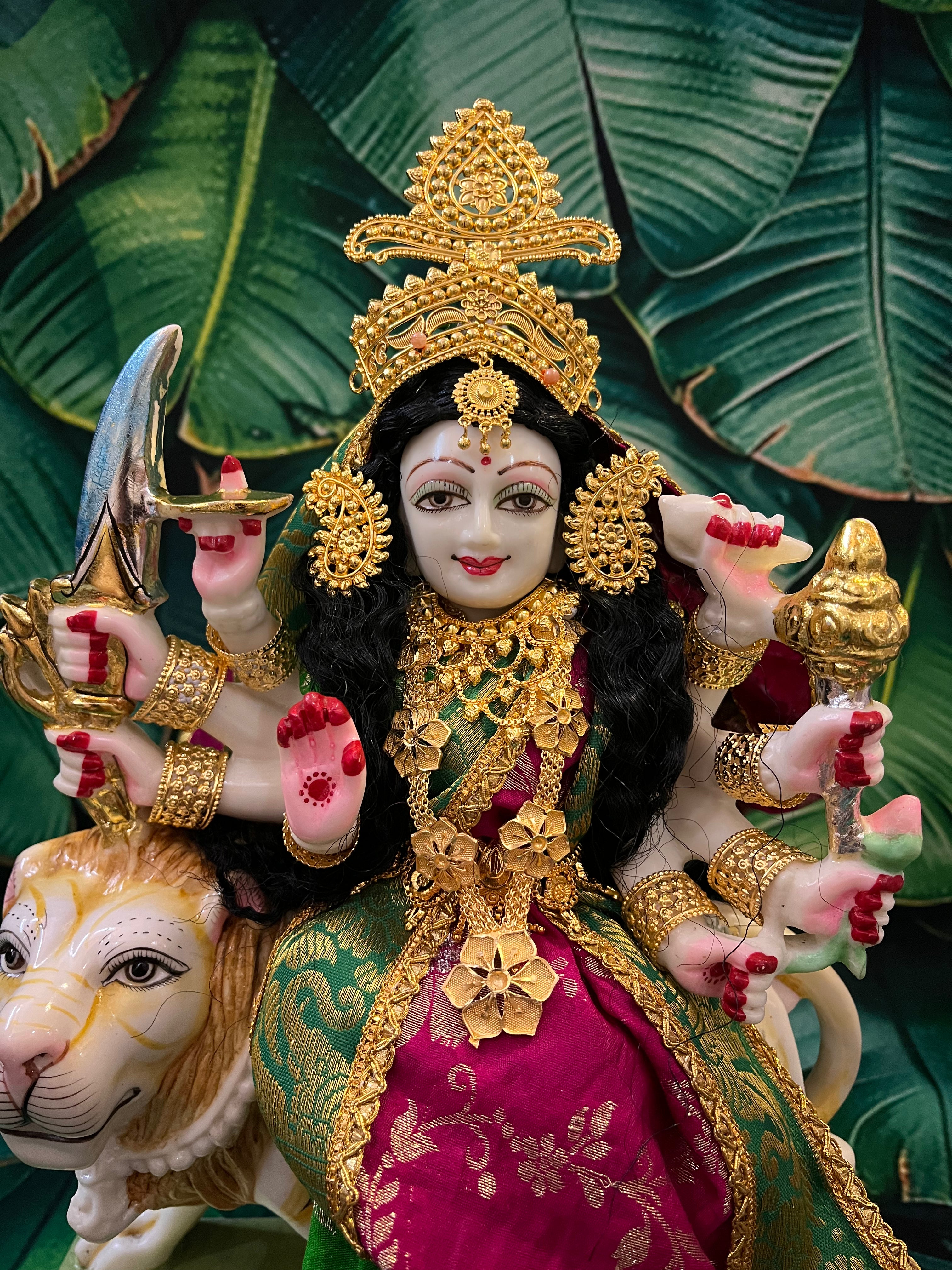 12 Inch Maa Durga Marble Dust Idol with Chanderi Zari Silk dress (Parrot green and Pink) and Gold plated Jewellery 2