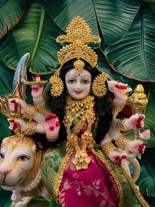 12 Inch Maa Durga Marble Dust Idol with Chanderi Zari Silk dress (Parrot green and Pink) and Gold plated Jewellery