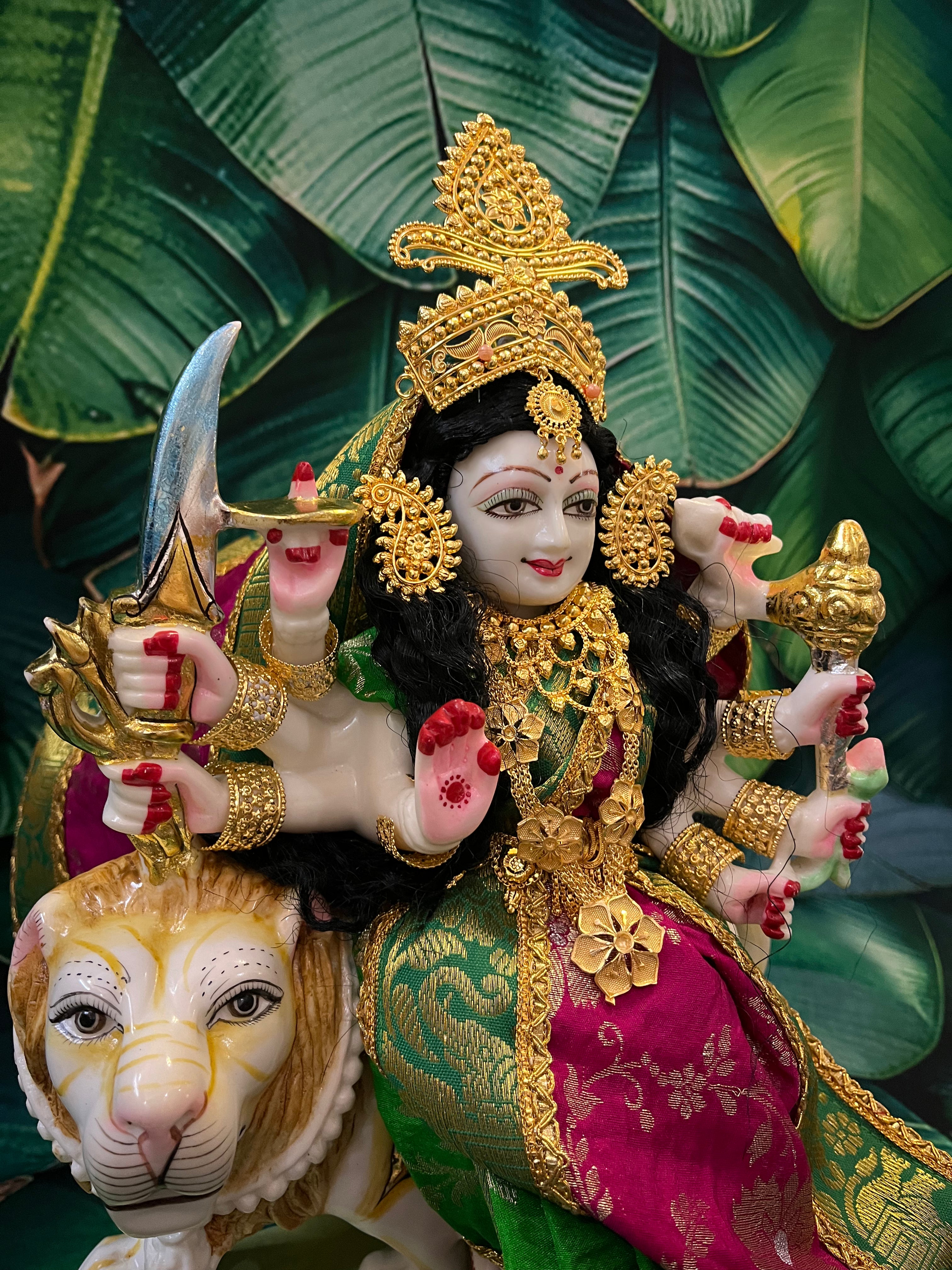 12 Inch Maa Durga Marble Dust Idol with Chanderi Zari Silk dress (Parrot green and Pink) and Gold plated Jewellery 4