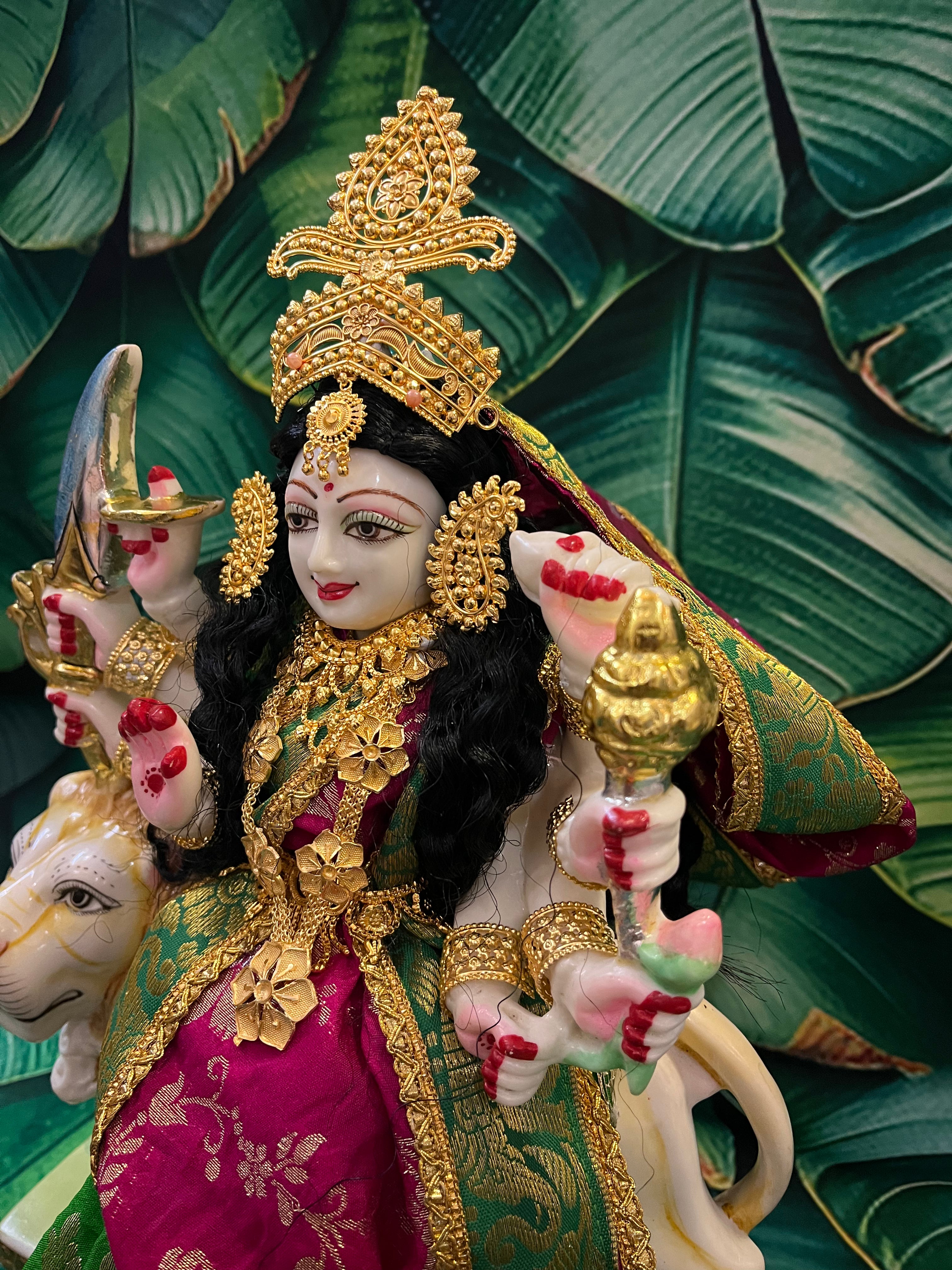 12 Inch Maa Durga Marble Dust Idol with Chanderi Zari Silk dress (Parrot green and Pink) and Gold plated Jewellery 7