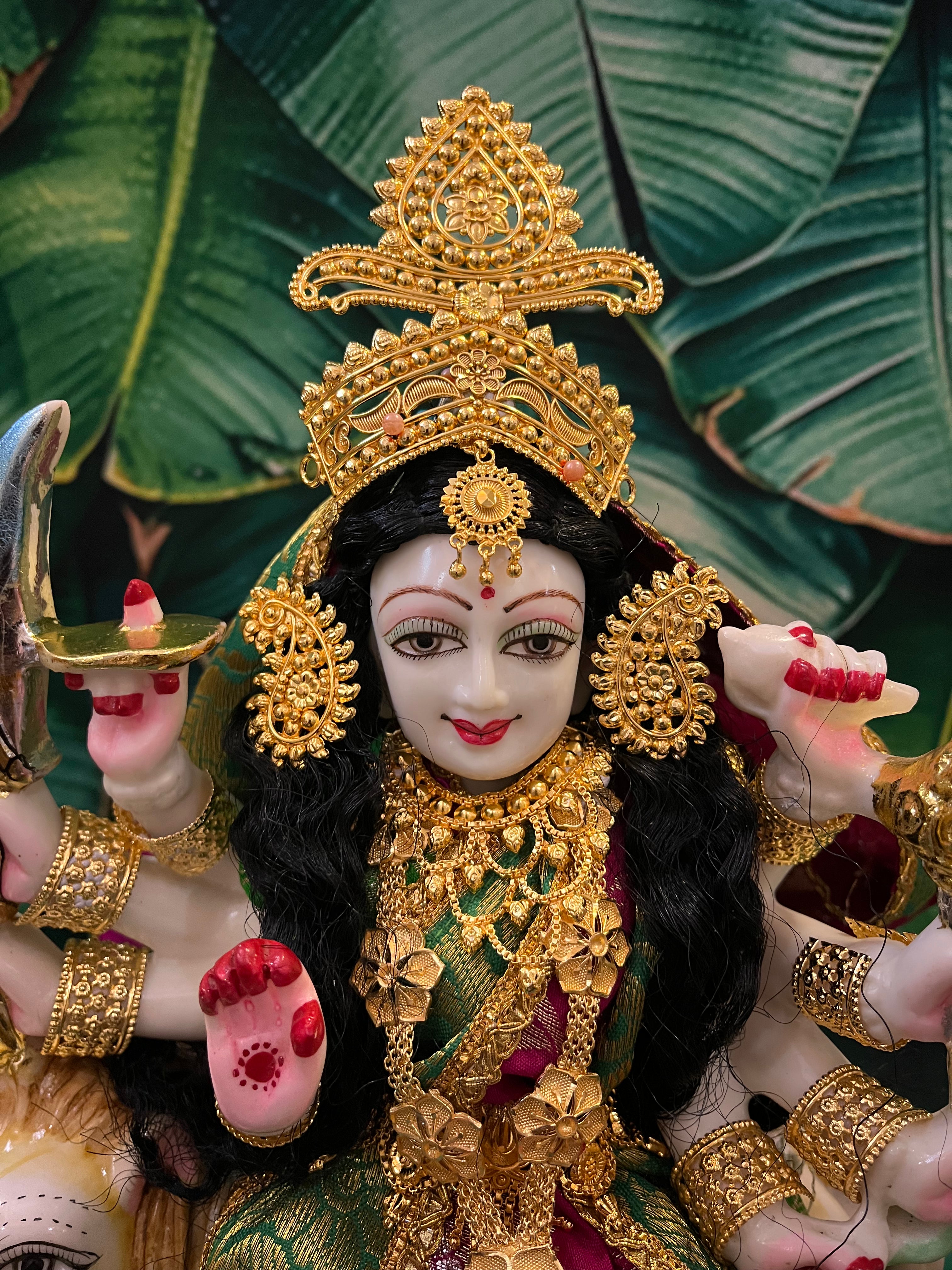 12 Inch Maa Durga Marble Dust Idol with Chanderi Zari Silk dress (Parrot green and Pink) and Gold plated Jewellery 6