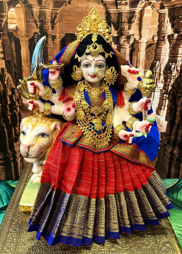 Deity half saree / lehenga patka made of Checks Organza Saree (Not Pure Silk) - Red Lehenga with Royal Blue  running zari border and Royal Blue plain silk dupatta with red zari border