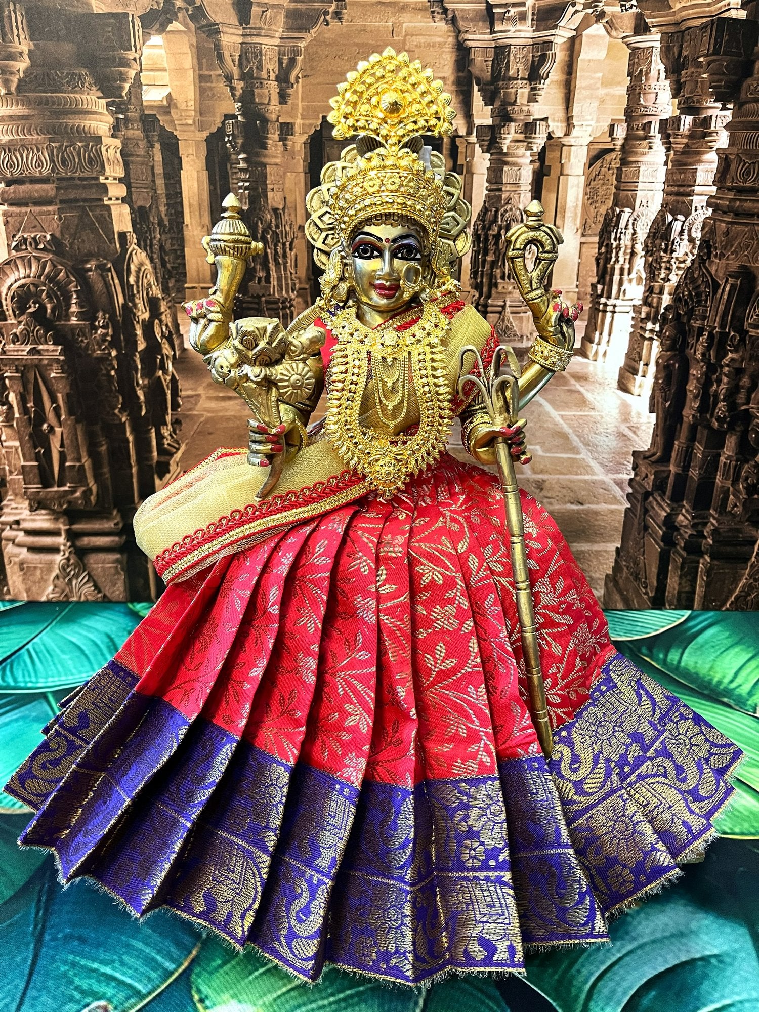 Deity half saree / lehenga patka made of Brocade Silk Fabric (Pure Silk) - Red brocade lehenga with  Blue  zari border and Gold net dupatta 1