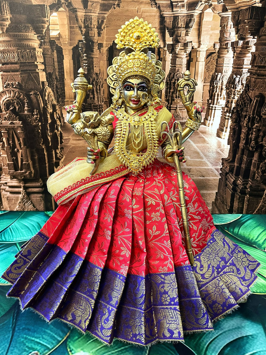 Deity half saree / lehenga patka made of Brocade Silk Fabric (Pure Silk) - Red brocade lehenga with  Blue  zari border and Gold net dupatta